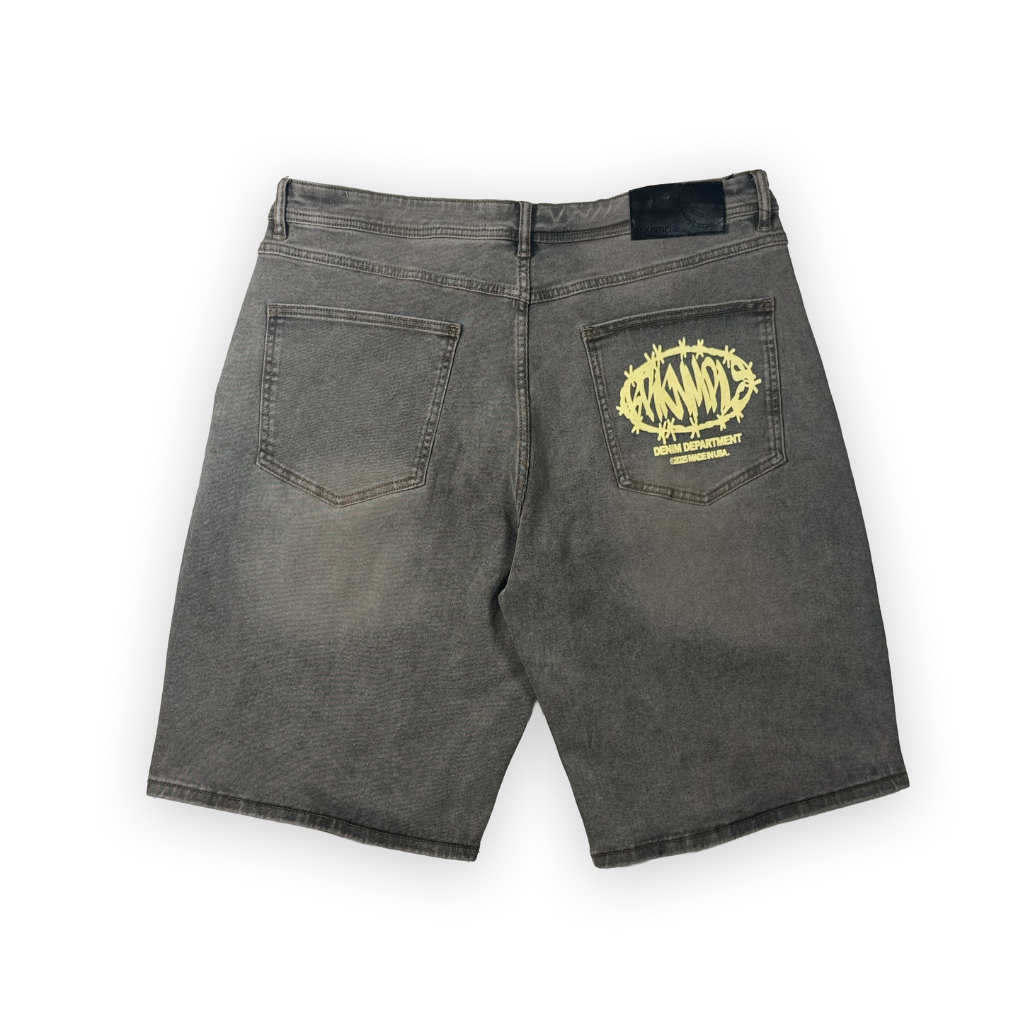 grey "flame" jean shorts