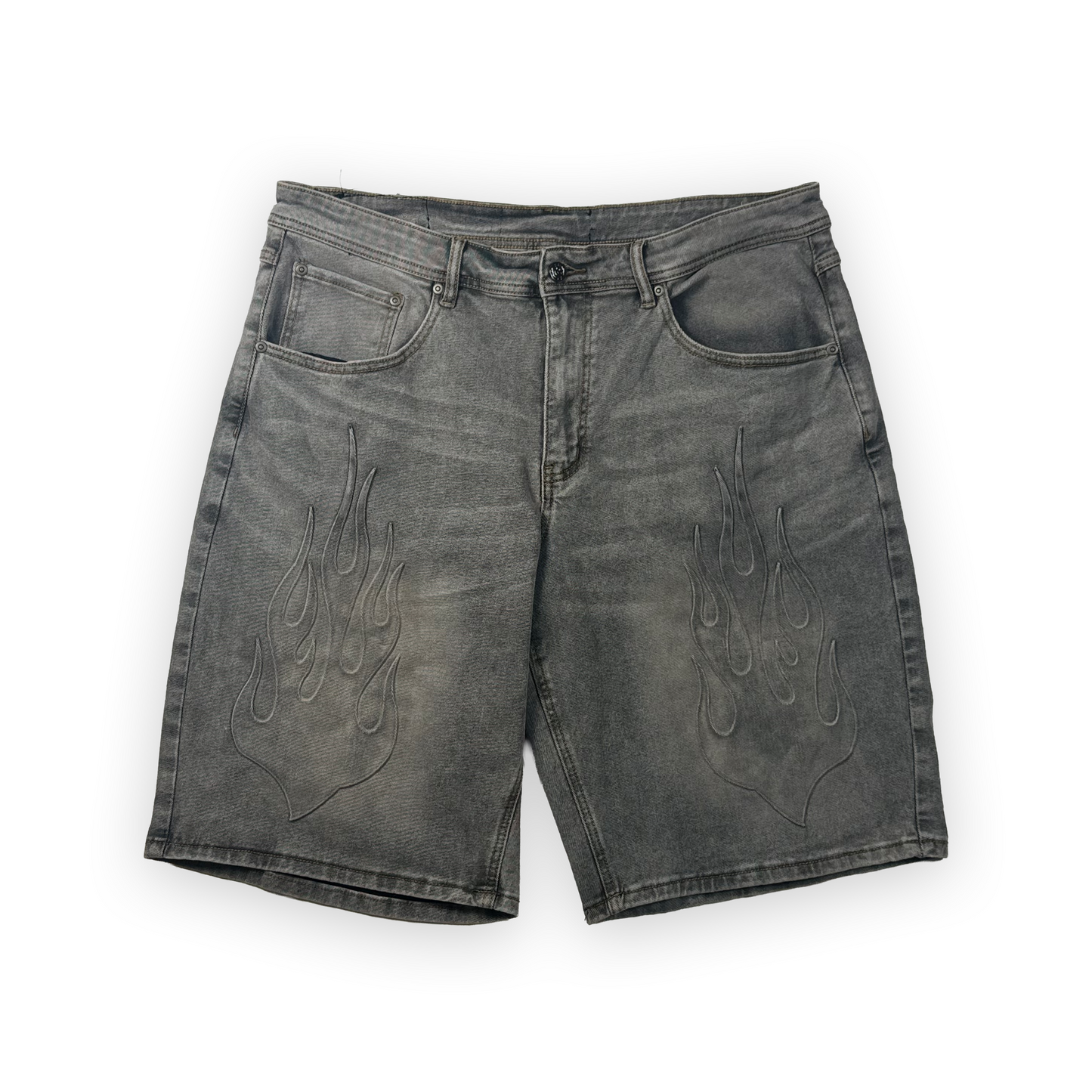 grey "flame" jean shorts