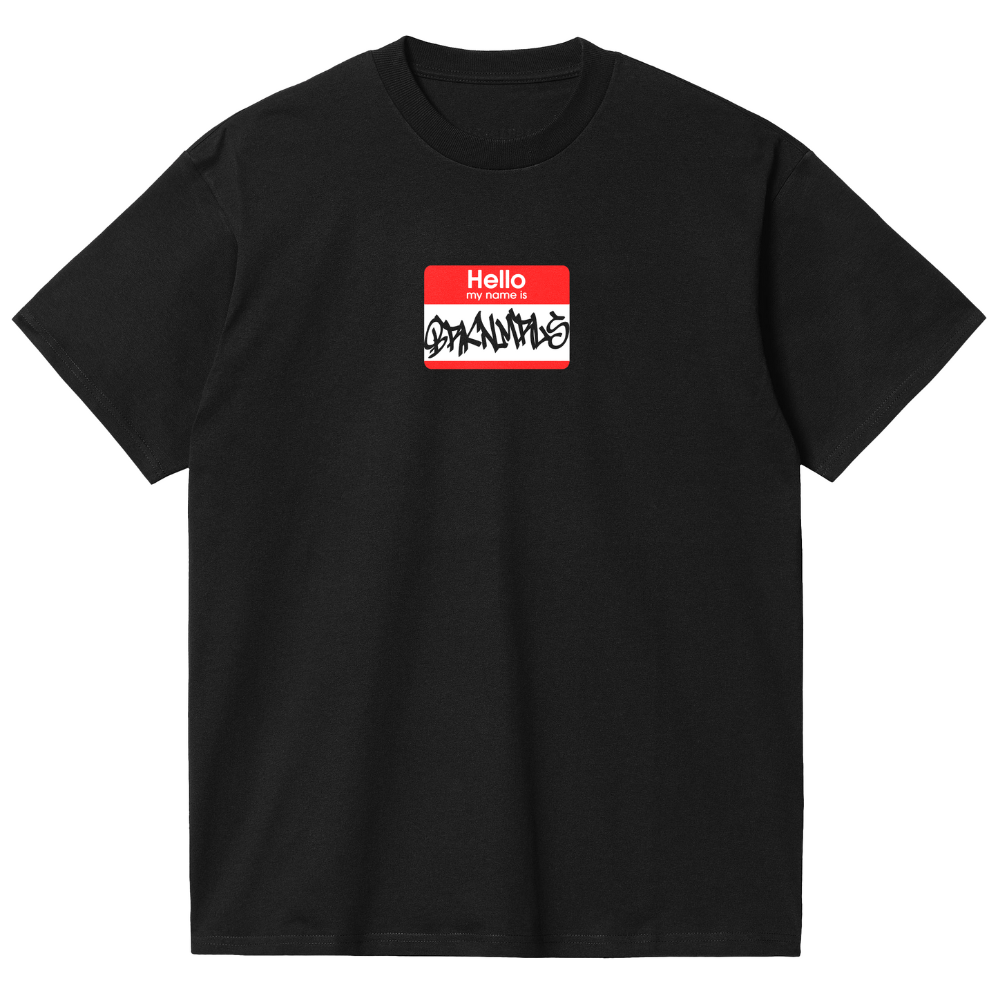 black "name tag" tee