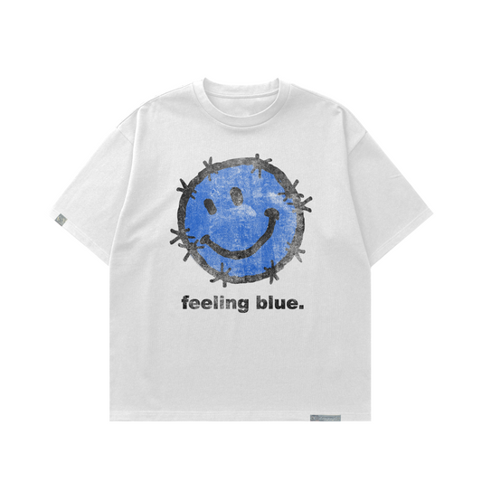 white "feeling blue" tee